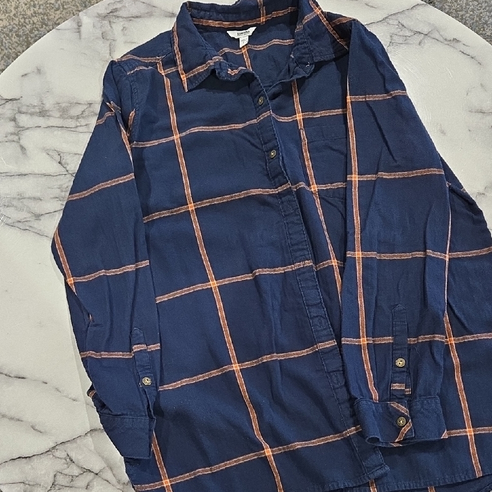 Sonoma Women's Blue and Orange Plaid Button Down Shirt